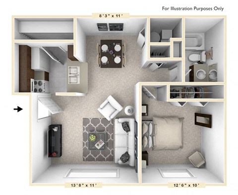 Floor plan for 1 bed, 1 bath, 623 sqft